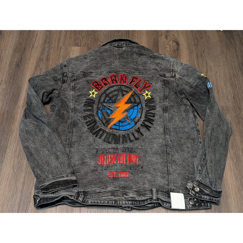 Born‎ Fly Denim Jacket Acid Wash Patches Graphic Streetwear Jean Jacket 2XL